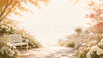 秋のガーデンテラス背景【無料・高画質】紅葉・もみじ・コスモスと白い花イラスト93840