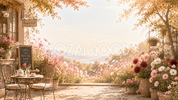 秋カフェ背景【無料・高画質】紅葉・もみじと花のカフェテラスイラスト93841
