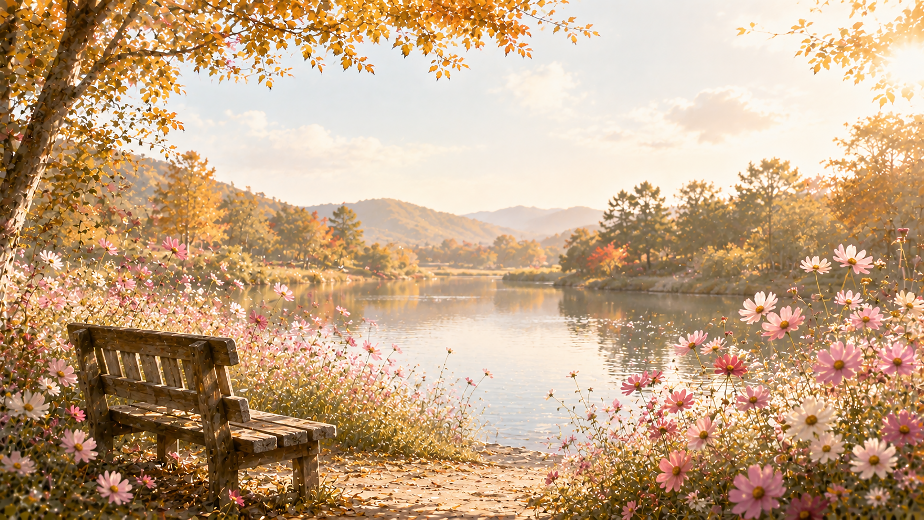 湖畔のコスモス背景【無料・高画質】紅葉・もみじと秋の湖イラスト93842に写真・文字を入れる