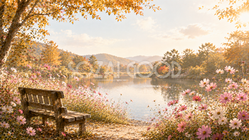 湖畔のコスモス背景【無料・高画質】紅葉・もみじと秋の湖イラスト93842