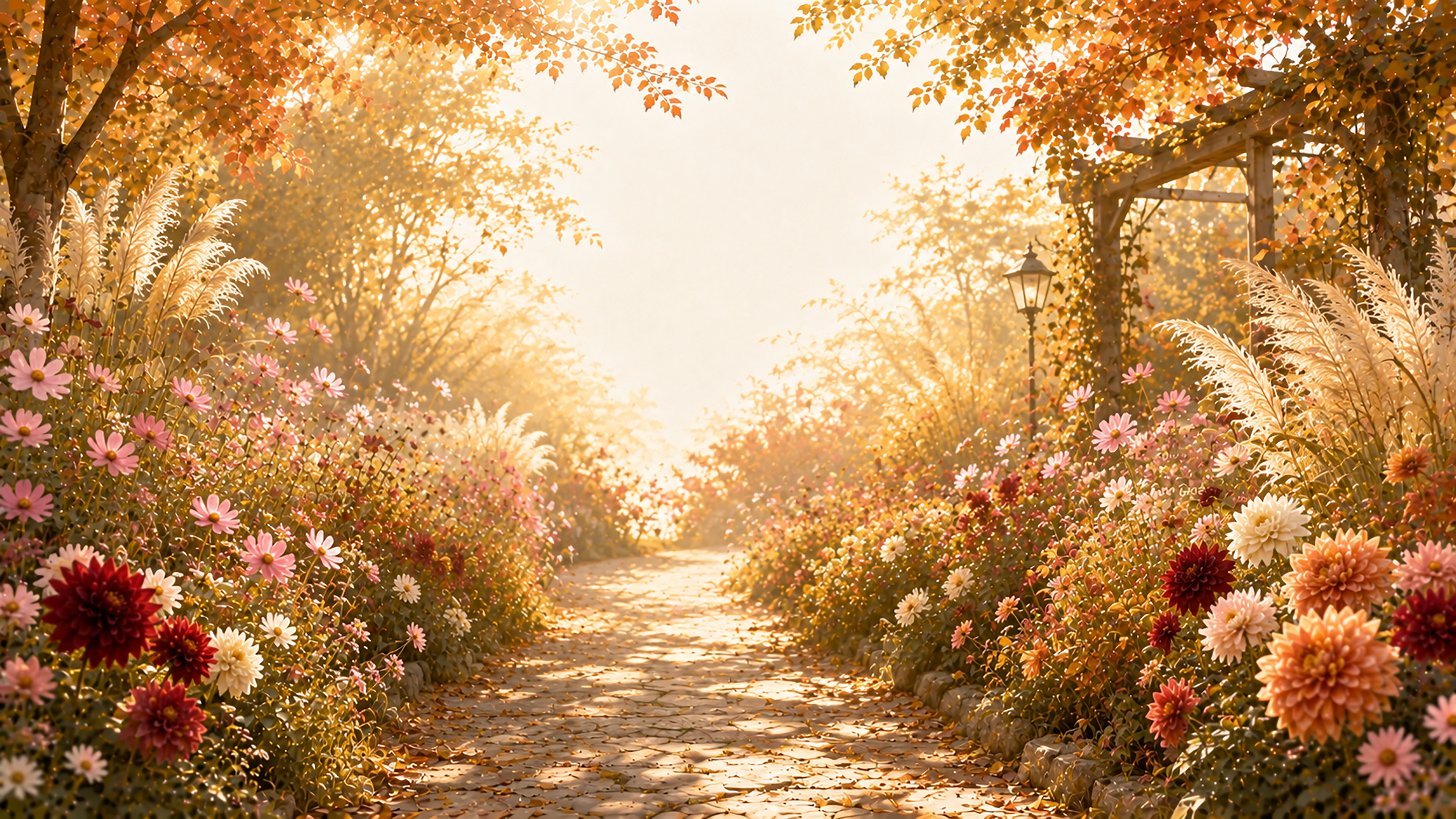 秋の花遊歩道背景【無料・高画質】紅葉・もみじとコスモス・ダリアイラスト93843に写真・文字を入れる