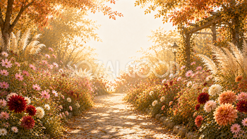 秋の花遊歩道背景【無料・高画質】紅葉・もみじとコスモス・ダリアイラスト93843