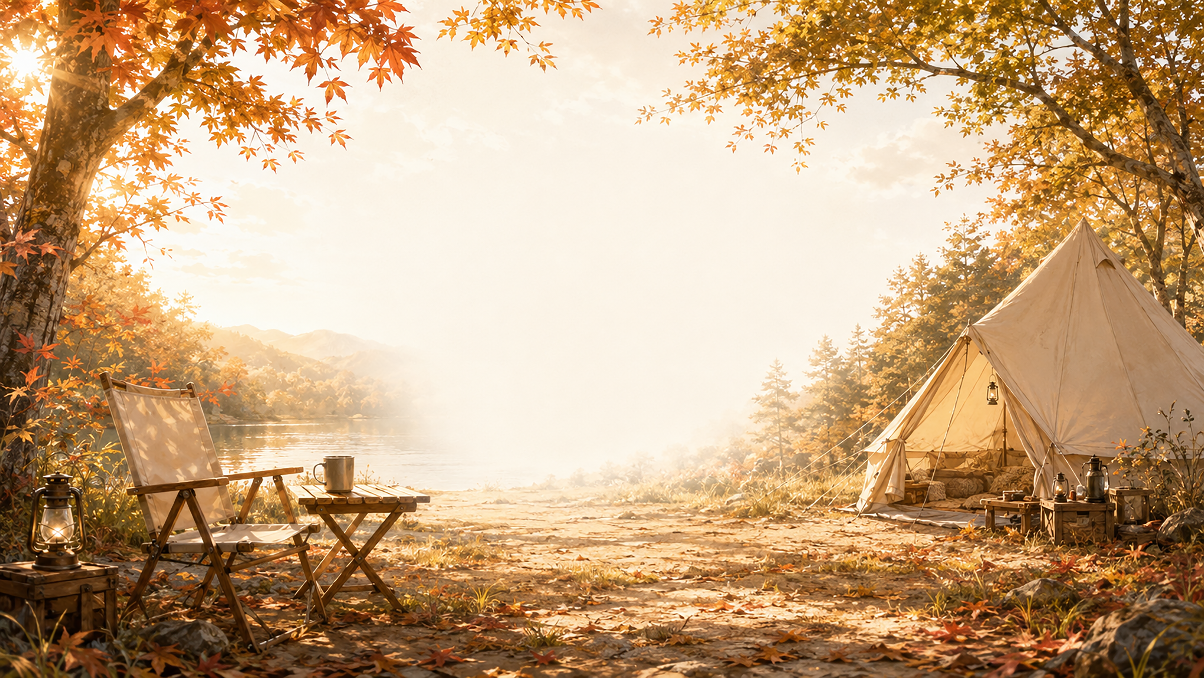 朝の秋キャンプ背景【無料・高画質】紅葉・もみじ・アウトドア・グランピング背景イラスト93846に写真・文字を入れる