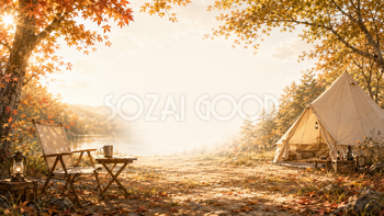 朝の秋キャンプ背景【無料・高画質】紅葉・もみじ・アウトドア・グランピング背景イラスト93846