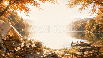 湖畔キャンプ背景【無料・高画質】紅葉・もみじ・秋のアウトドア背景イラスト93847
