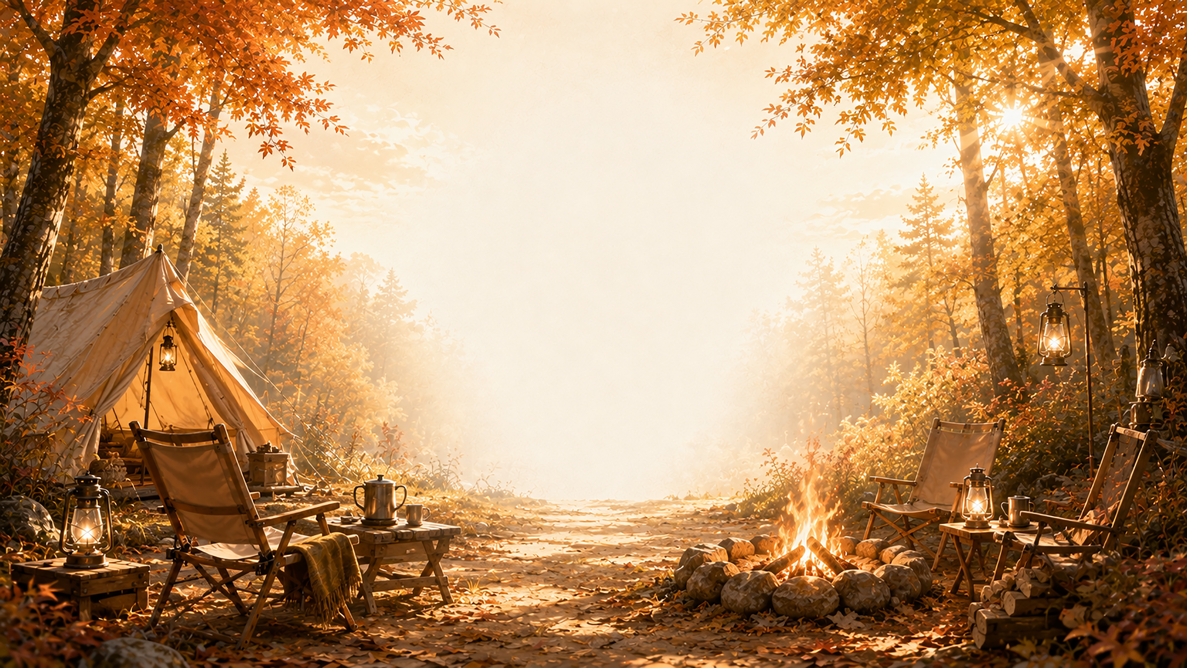 焚き火キャンプ背景【無料・高画質】紅葉・もみじ・秋キャンプ背景イラスト93848に写真・文字を入れる