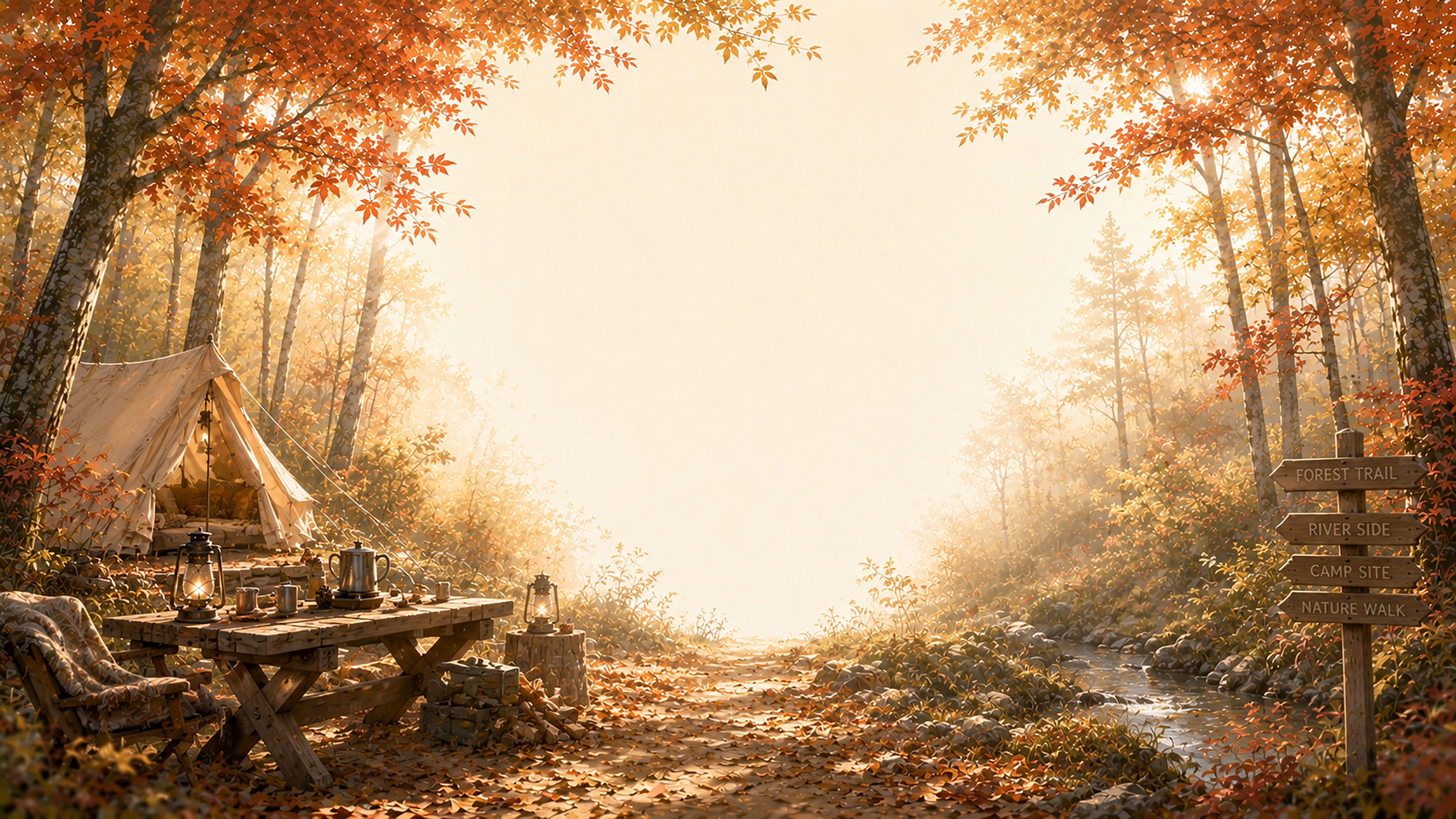 森のキャンプ背景【無料・高画質】紅葉・もみじ・秋アウトドア背景イラスト93850に写真・文字を入れる
