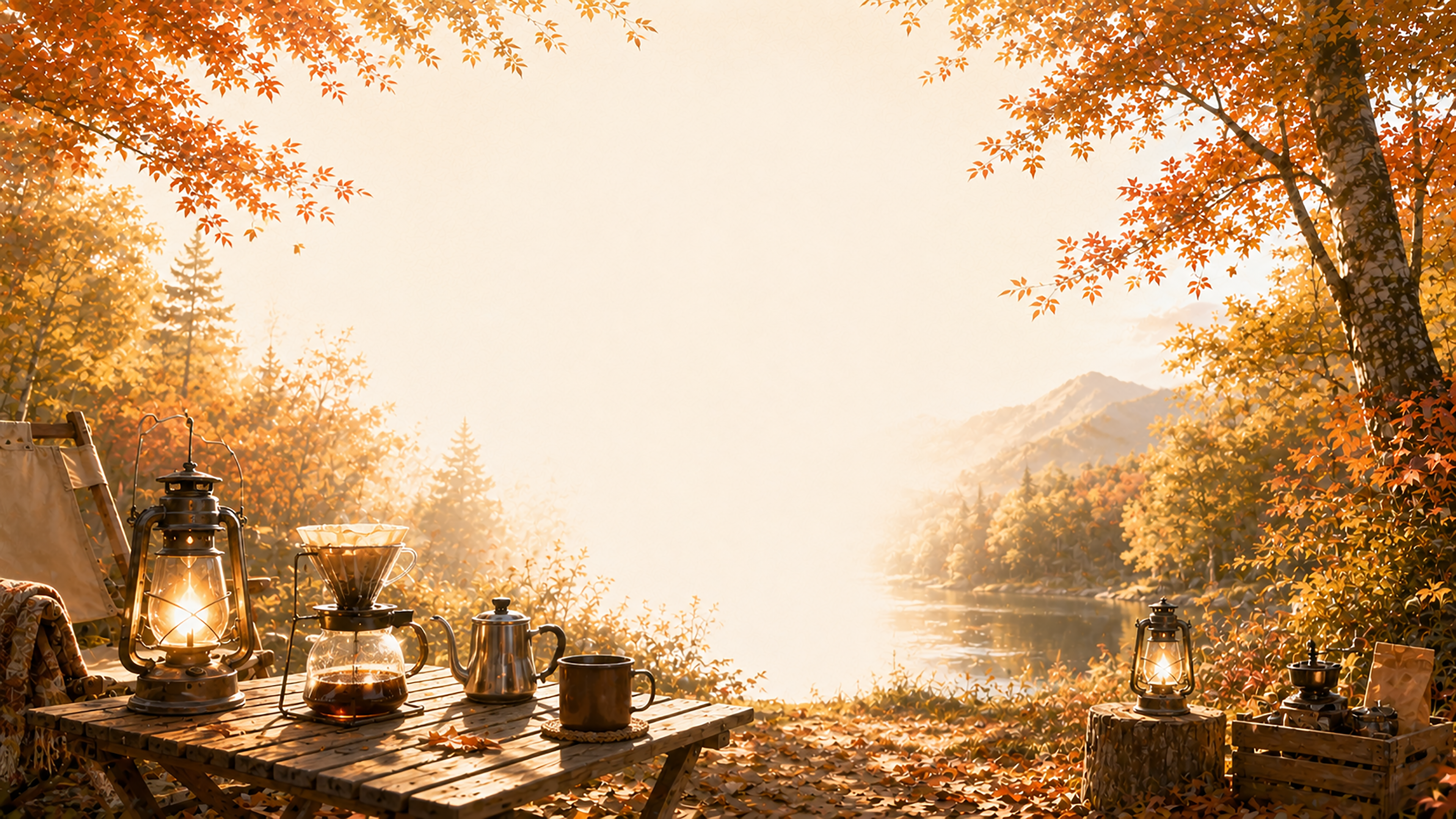 キャンプコーヒー背景【無料・高画質】紅葉・もみじ・秋カフェ風背景イラスト93851に写真・文字を入れる