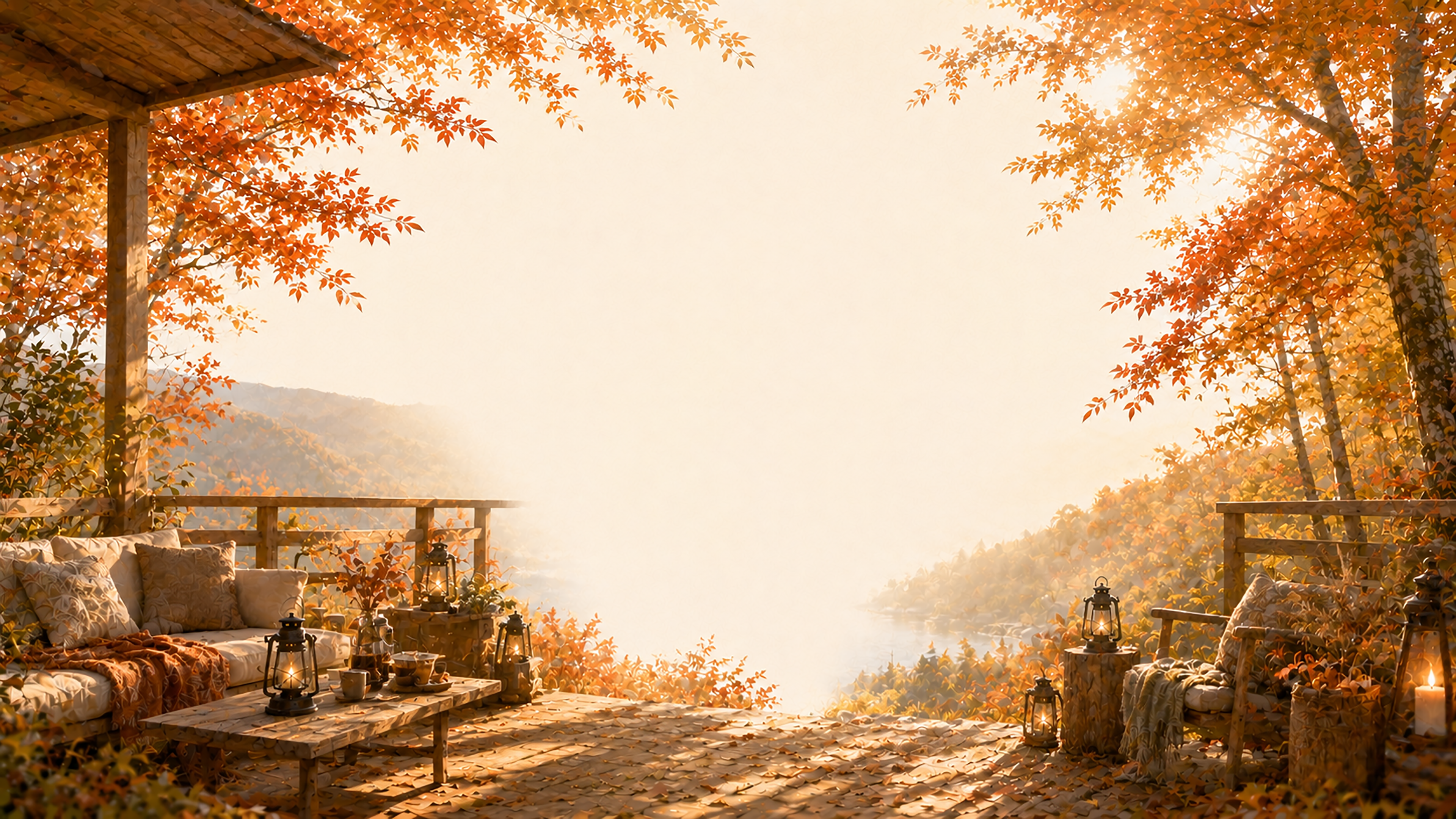 テラスキャンプ背景【無料・高画質】紅葉・もみじ・グランピング背景イラスト93854に写真・文字を入れる