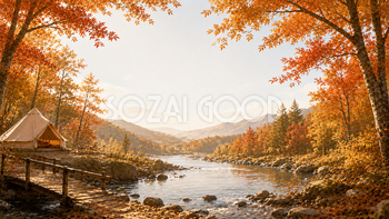 川辺キャンプ背景【無料・高画質】紅葉・もみじ・秋アウトドア背景イラスト93855