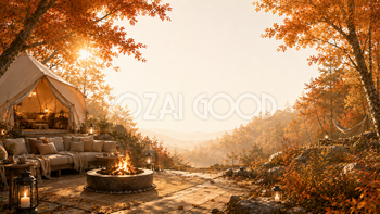 ラグジュアリーキャンプ背景【無料・高画質】紅葉・もみじ・高級グランピング背景イラスト93856