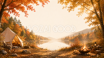 プレミアム秋キャンプ背景【無料・高画質】紅葉・もみじ・湖畔キャンプ背景イラスト93857