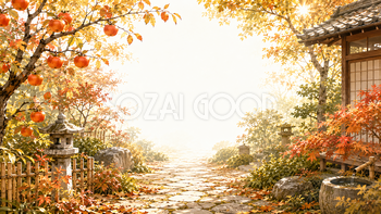 柿のある日本庭園背景【無料・高画質】紅葉・もみじ・和風背景イラスト93861
