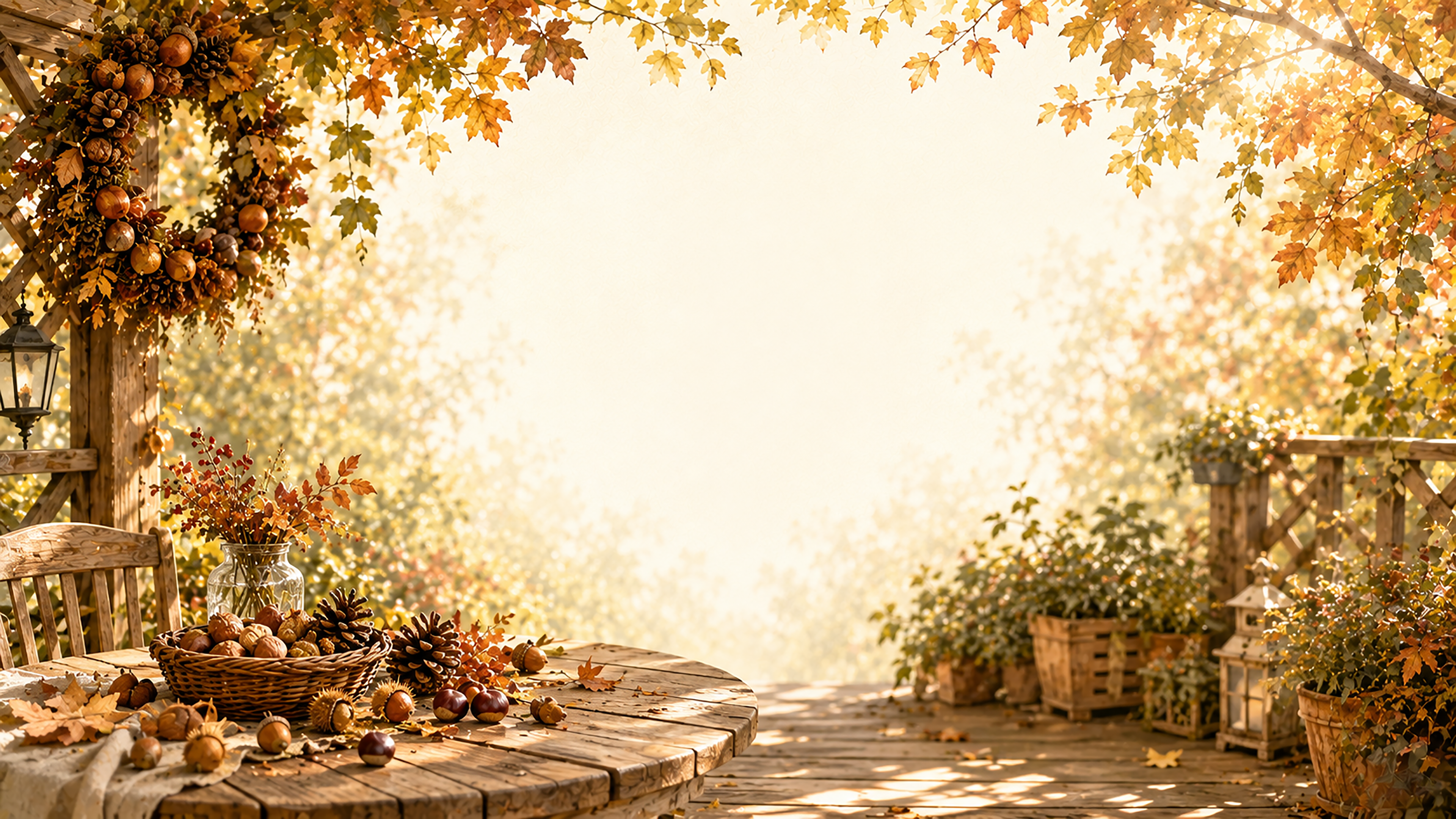 木の実のテラス背景【無料・高画質】紅葉・もみじ・どんぐり背景イラスト93863に写真・文字を入れる