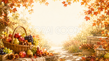 秋の収穫バスケット背景【無料・高画質】紅葉・もみじ・果実背景イラスト93864