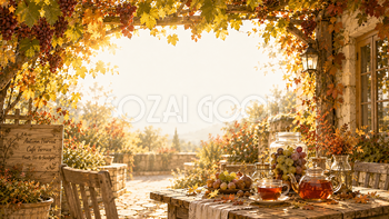 実りのカフェテラス背景【無料・高画質】紅葉・もみじ・秋カフェ背景イラスト93869