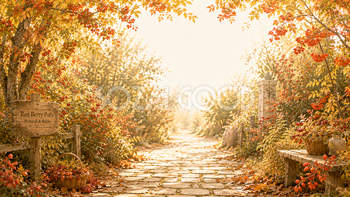 赤い実の散歩道背景【無料・高画質】紅葉・もみじ・秋背景イラスト93874