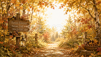 秋の森の入口背景【無料・高画質】紅葉・もみじ・森背景イラスト93881
