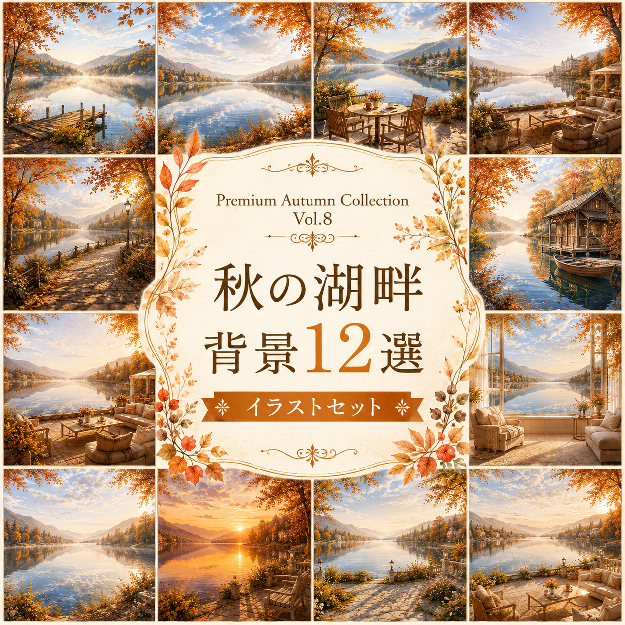 秋の湖畔背景12選【無料・高画質】紅葉・もみじ・湖・水辺の秋背景イラスト｜Premium Autumn Collection Vol.8 93884に写真・文字を入れる