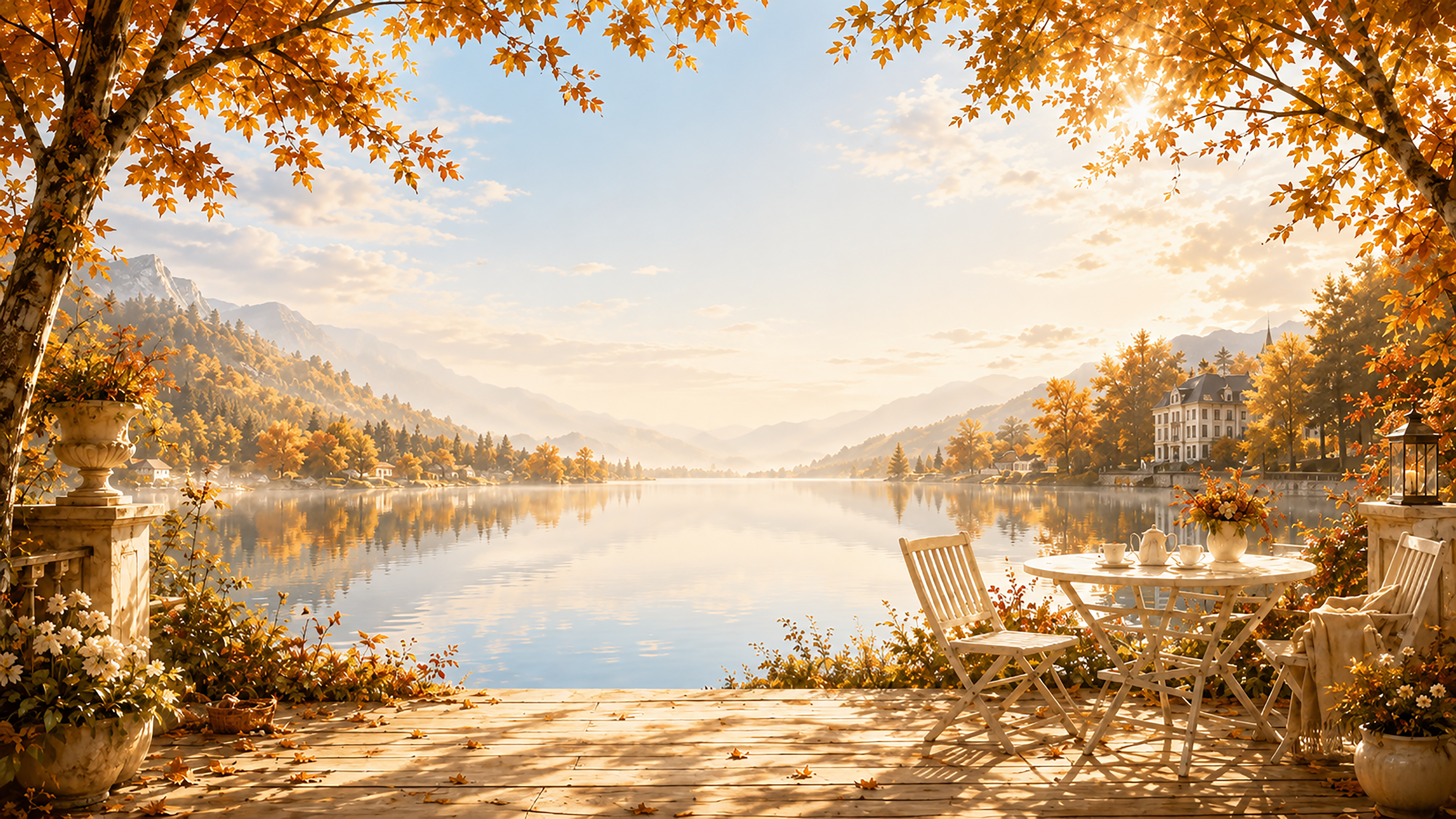 秋の湖畔テラス背景【無料・高画質】紅葉・もみじ・湖畔背景イラスト93885に写真・文字を入れる
