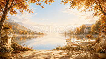 秋の湖畔テラス背景【無料・高画質】紅葉・もみじ・湖畔背景イラスト93885