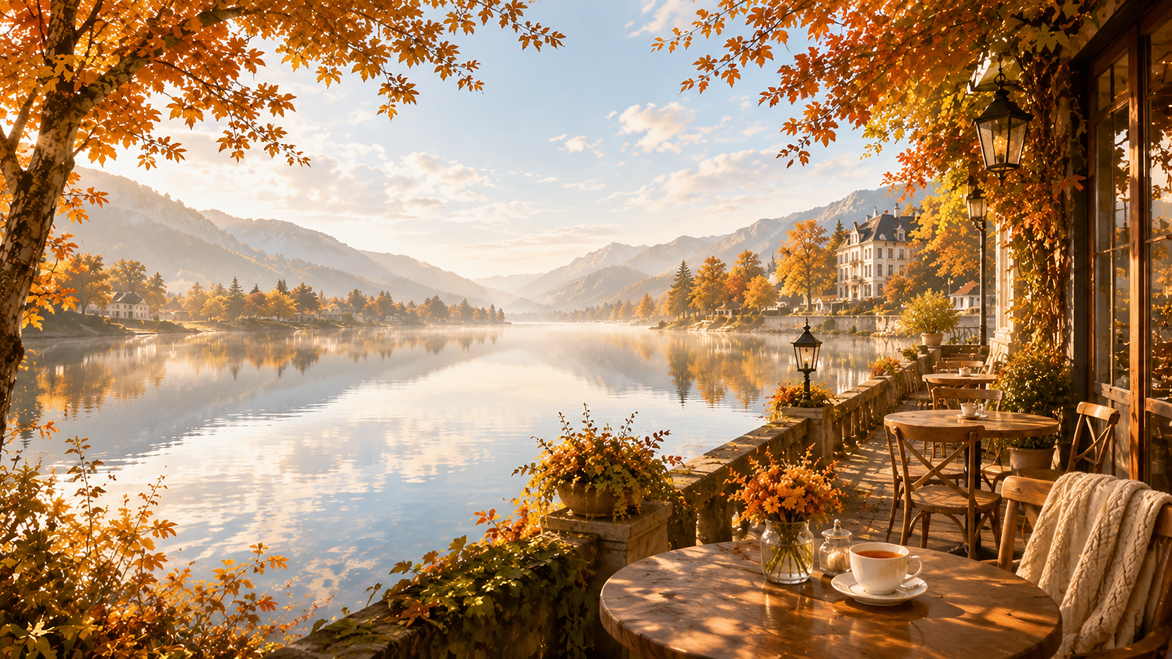 湖畔カフェ背景【無料・高画質】秋・紅葉・もみじ・湖イラスト93887に写真・文字を入れる