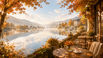 湖畔カフェ背景【無料・高画質】秋・紅葉・もみじ・湖イラスト93887