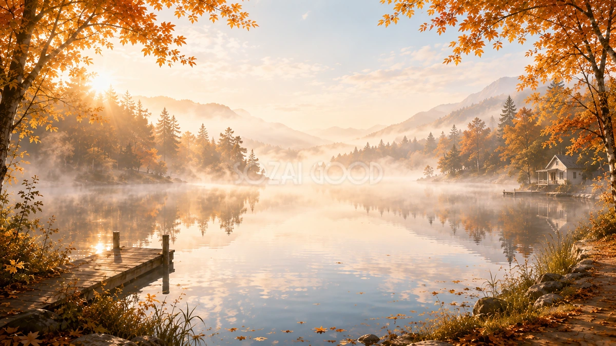 朝霧の湖背景【無料・高画質】秋・紅葉・もみじ・湖イラスト93888
