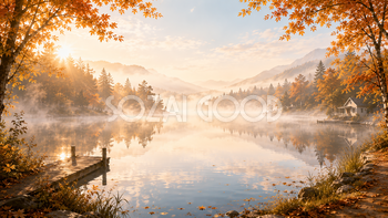 朝霧の湖背景【無料・高画質】秋・紅葉・もみじ・湖イラスト93888