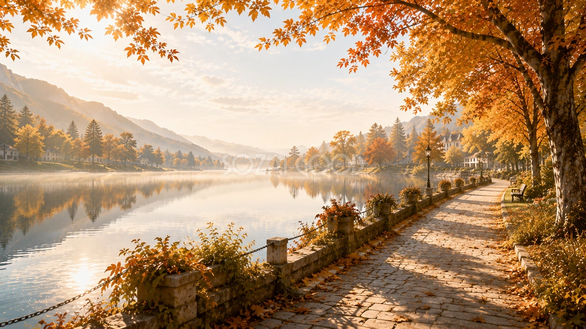 湖畔の遊歩道背景【無料・高画質】秋・紅葉・もみじ・湖イラスト93890