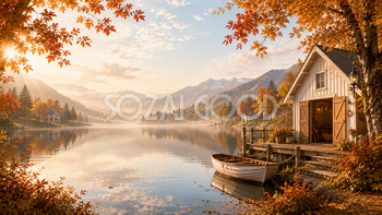 秋のボートハウス背景【無料・高画質】湖・紅葉・もみじ・水辺イラスト93891