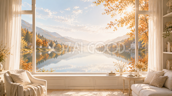 湖を望む窓辺背景【無料・高画質】秋・紅葉・もみじ・湖イラスト93893