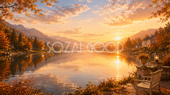 湖畔の夕暮れ背景【無料・高画質】秋・紅葉・もみじ・湖イラスト93894