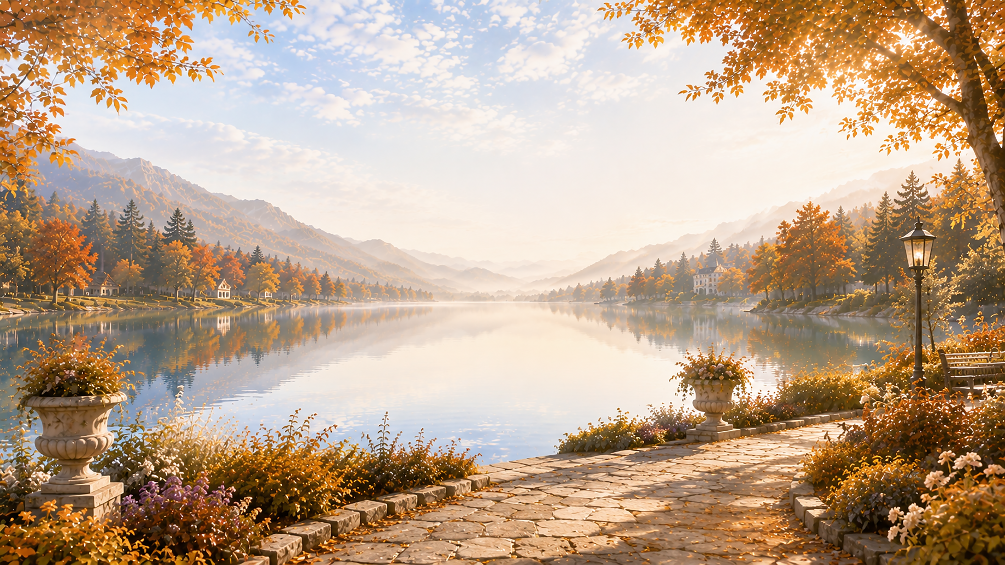 湖畔のガーデンパス背景【無料・高画質】秋・紅葉・もみじ・湖イラスト93895に写真・文字を入れる