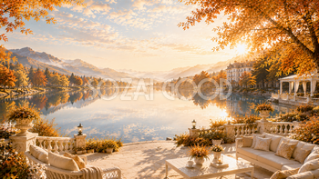 Premium Autumn Lakeside 背景【無料・高画質】秋の湖畔・紅葉・もみじイラスト93896