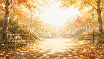 公園のベンチ背景【無料・高画質】秋・紅葉・もみじ・落ち葉背景イラスト93914