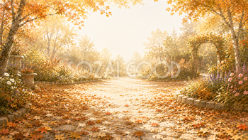 落ち葉のガーデン背景【無料・高画質】秋・紅葉・もみじ・庭園背景イラスト93915