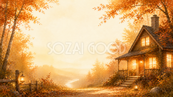 秋のコテージ背景イラスト【無料PNG】93927