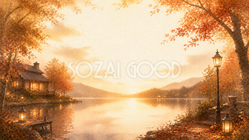 湖畔の夕暮れ背景イラスト【無料PNG】93931