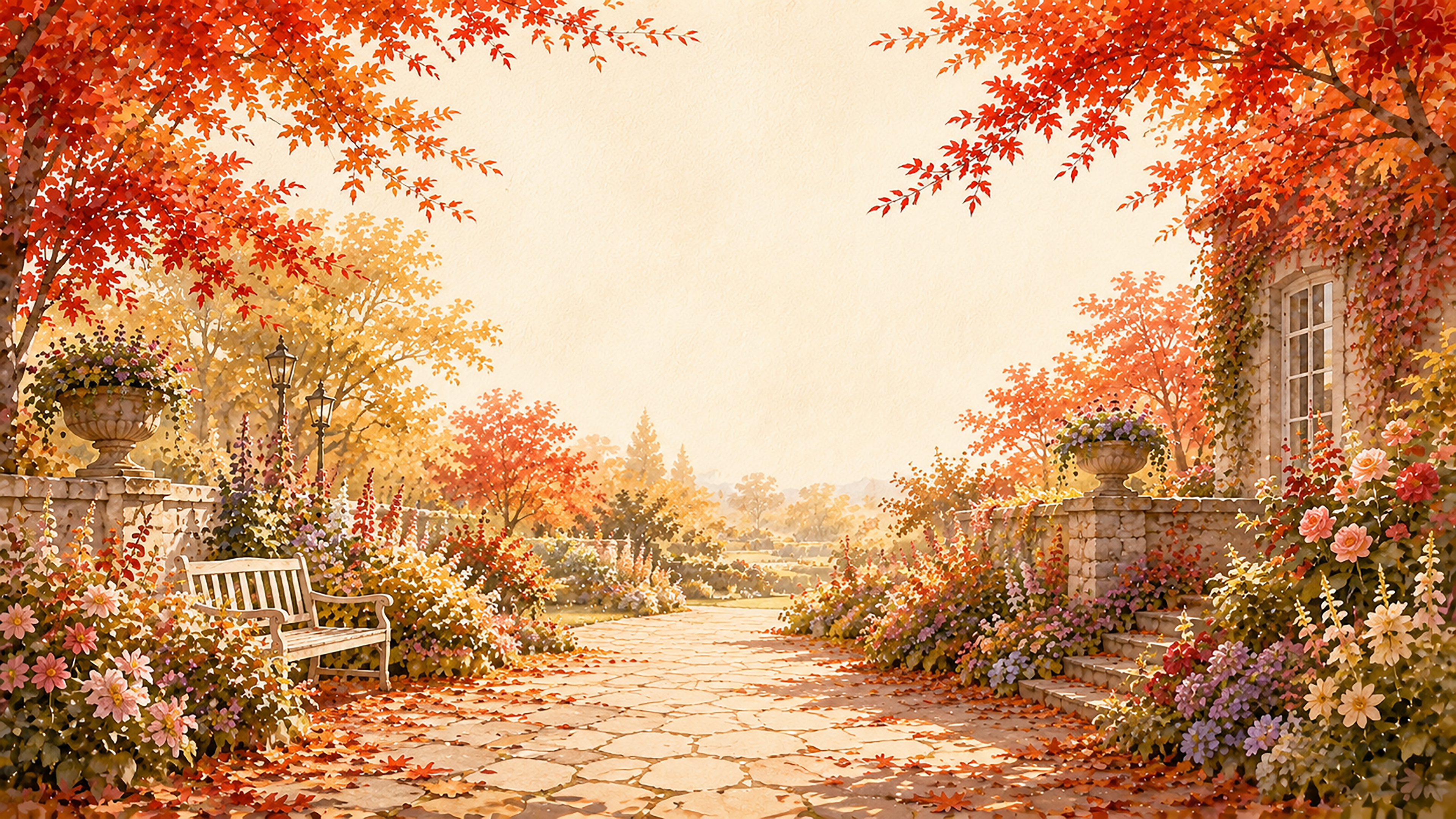 石畳のガーデン背景イラスト【無料PNG】英国庭園・秋の庭園風景93965に写真・文字を入れる