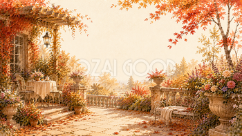 ガーデンテラス背景イラスト【無料PNG】秋の庭園・テラス風景93966