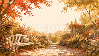ガーデンベンチ背景イラスト【無料PNG】紅葉（もみじ）木漏れ日の秋庭園93967