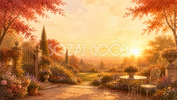 夕暮れのガーデン背景イラスト【無料PNG】夕陽に染まる秋の庭園93975