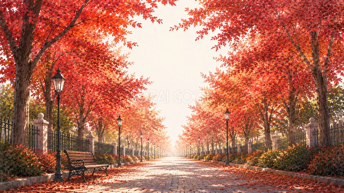 紅葉(もみじ)の並木道背景イラスト【無料PNG】93978