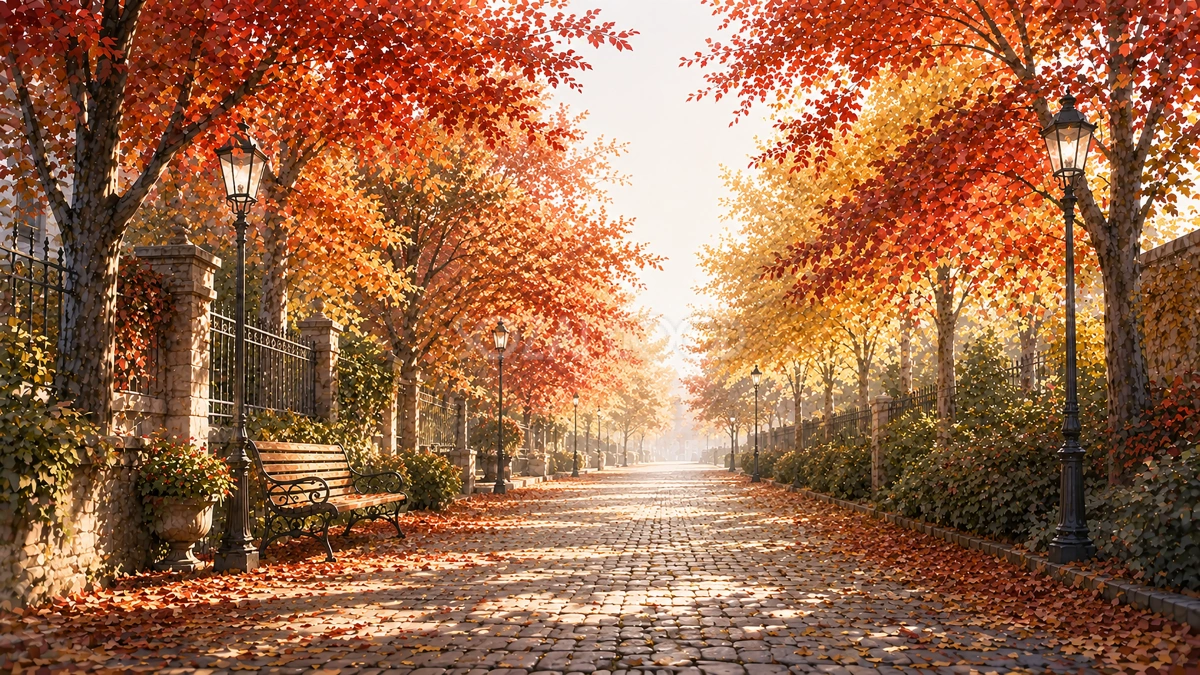 石畳と紅葉(もみじ)の並木道背景イラスト【無料PNG】93979