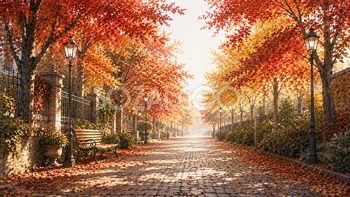 石畳と紅葉（もみじ）の並木道背景イラスト【無料PNG】93979