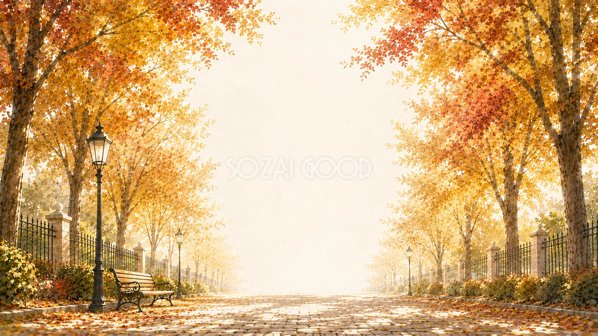 木漏れ日と紅葉(もみじ)の並木道背景イラスト【無料PNG】93980