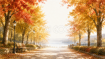 湖へ続く紅葉（もみじ）の並木道背景イラスト【無料PNG】93982