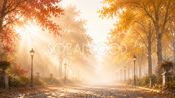朝霧と紅葉（もみじ）の並木道背景イラスト【無料PNG】93983