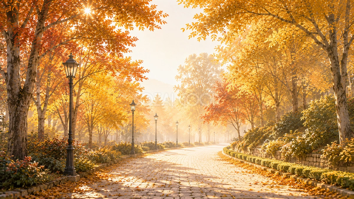 カーブする紅葉(もみじ)の並木道背景イラスト【無料PNG】93984